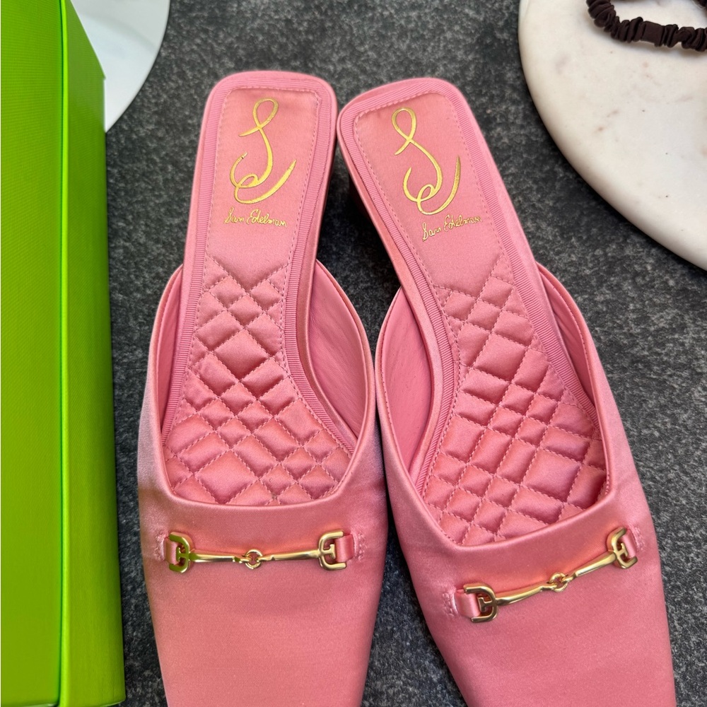 Sam Edelman Ollie Pink Satin Mules with Gold Detail